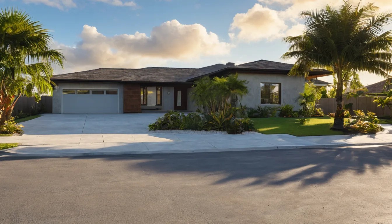 A freshly poured concrete driveway in front of a single-story block home in Delray Beach